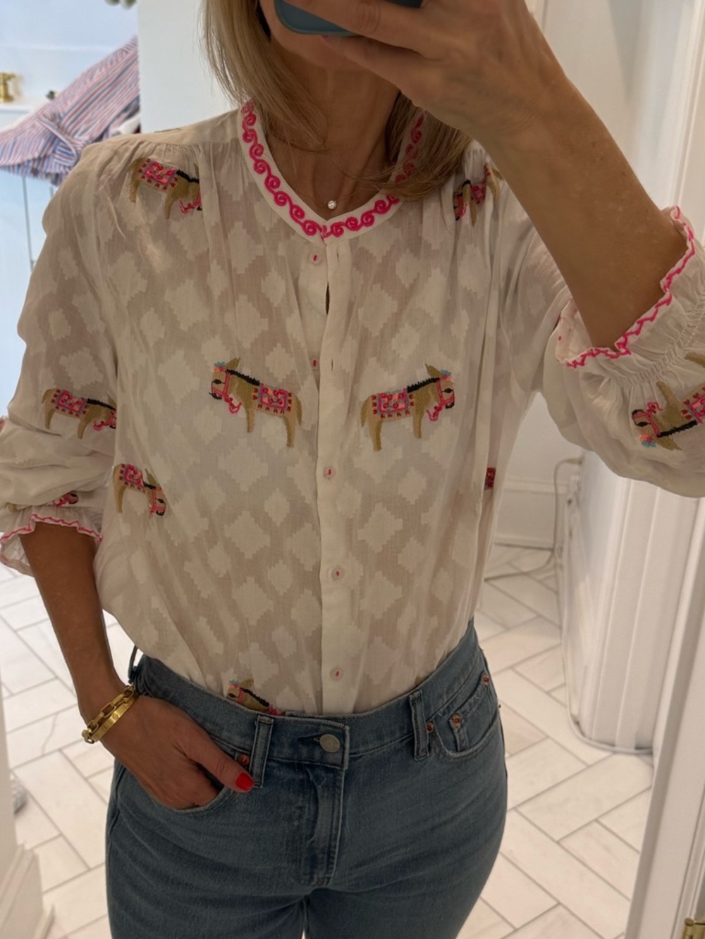 NMO White Embroidered Cotton Button-Front Blouse with Pink Trim